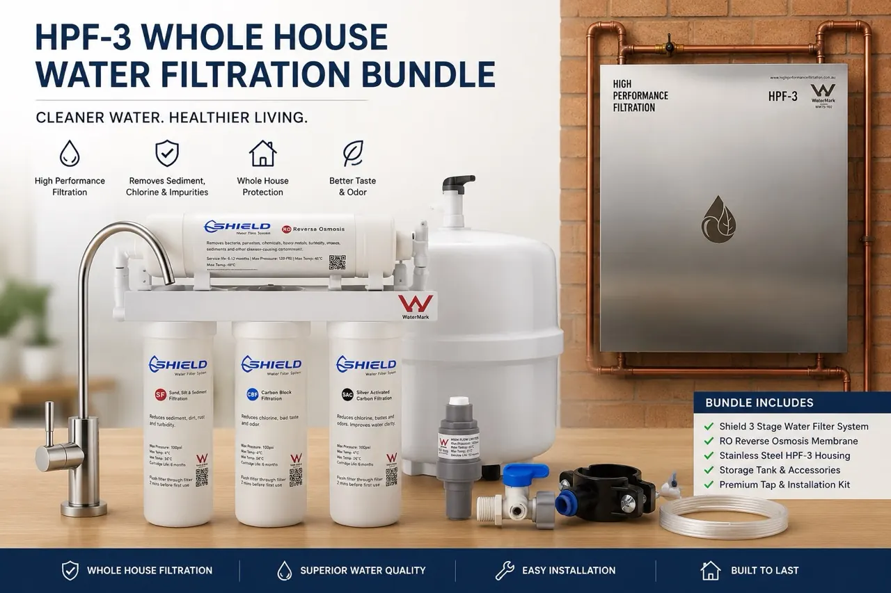 HPF-3 whole house filtration bundle with stainless steel housing, three Shield cartridges, reverse osmosis membrane, storage tank and filtered water tap