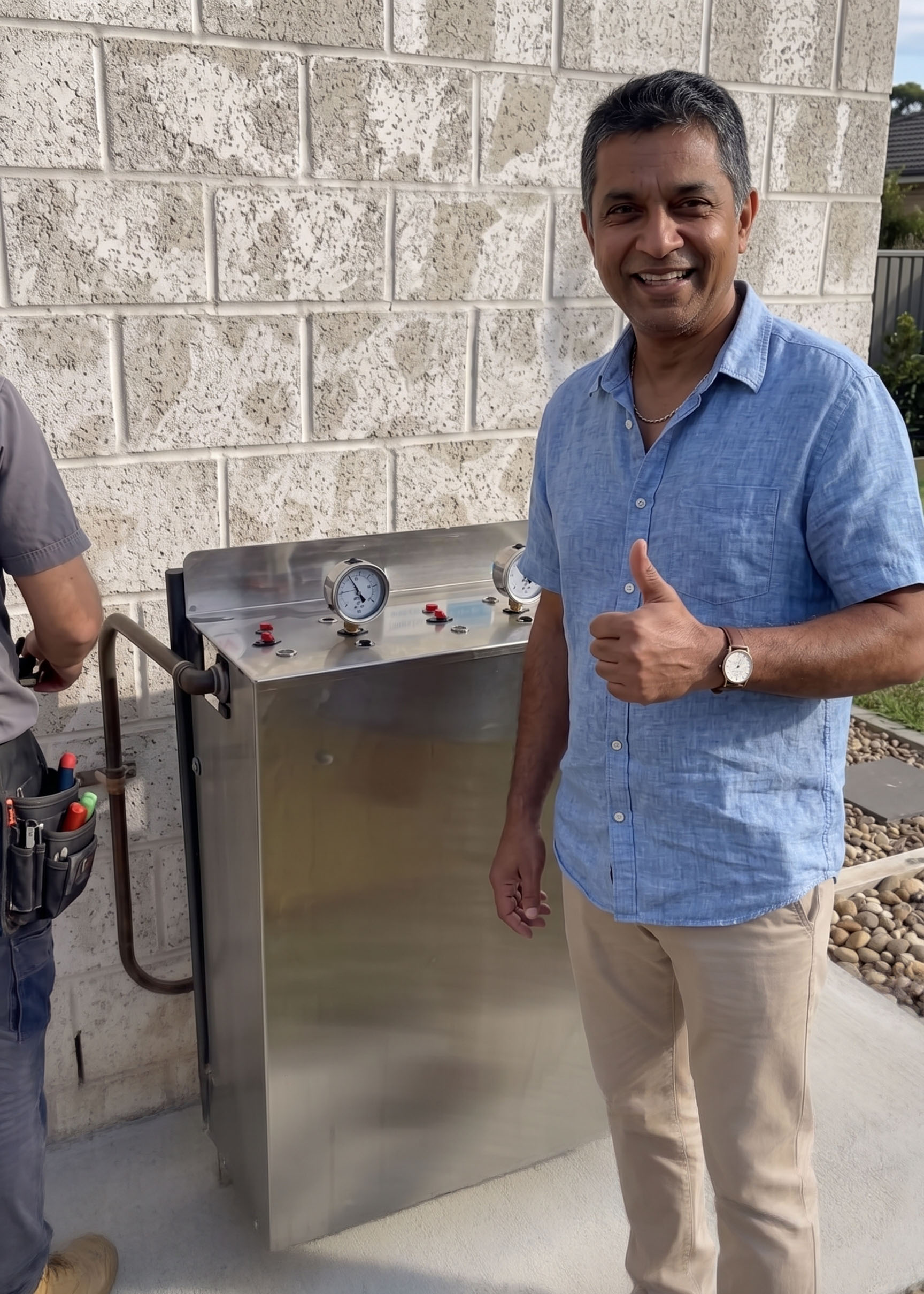 Customer beside a newly installed whole-house filtration system in Baulkham Hills