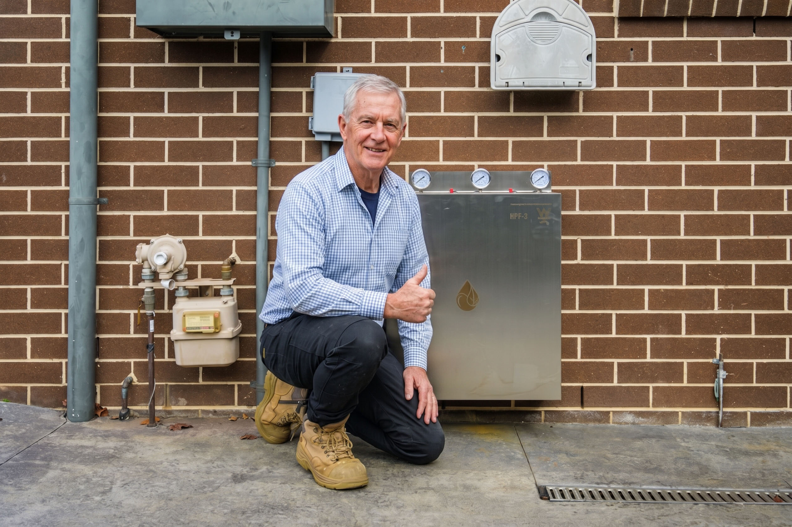 Customer beside an HPF-3 whole-house filtration system installed in Castle Hill