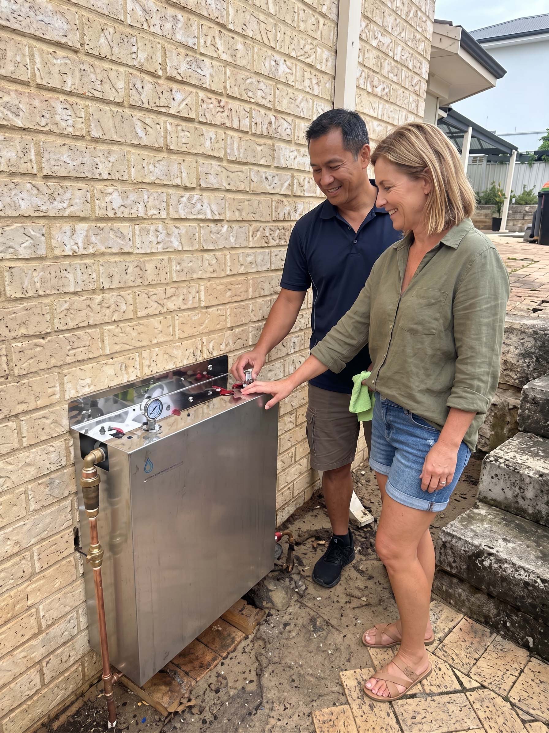 Customers inspecting a new HPF-3 filtration system installed in Cronulla