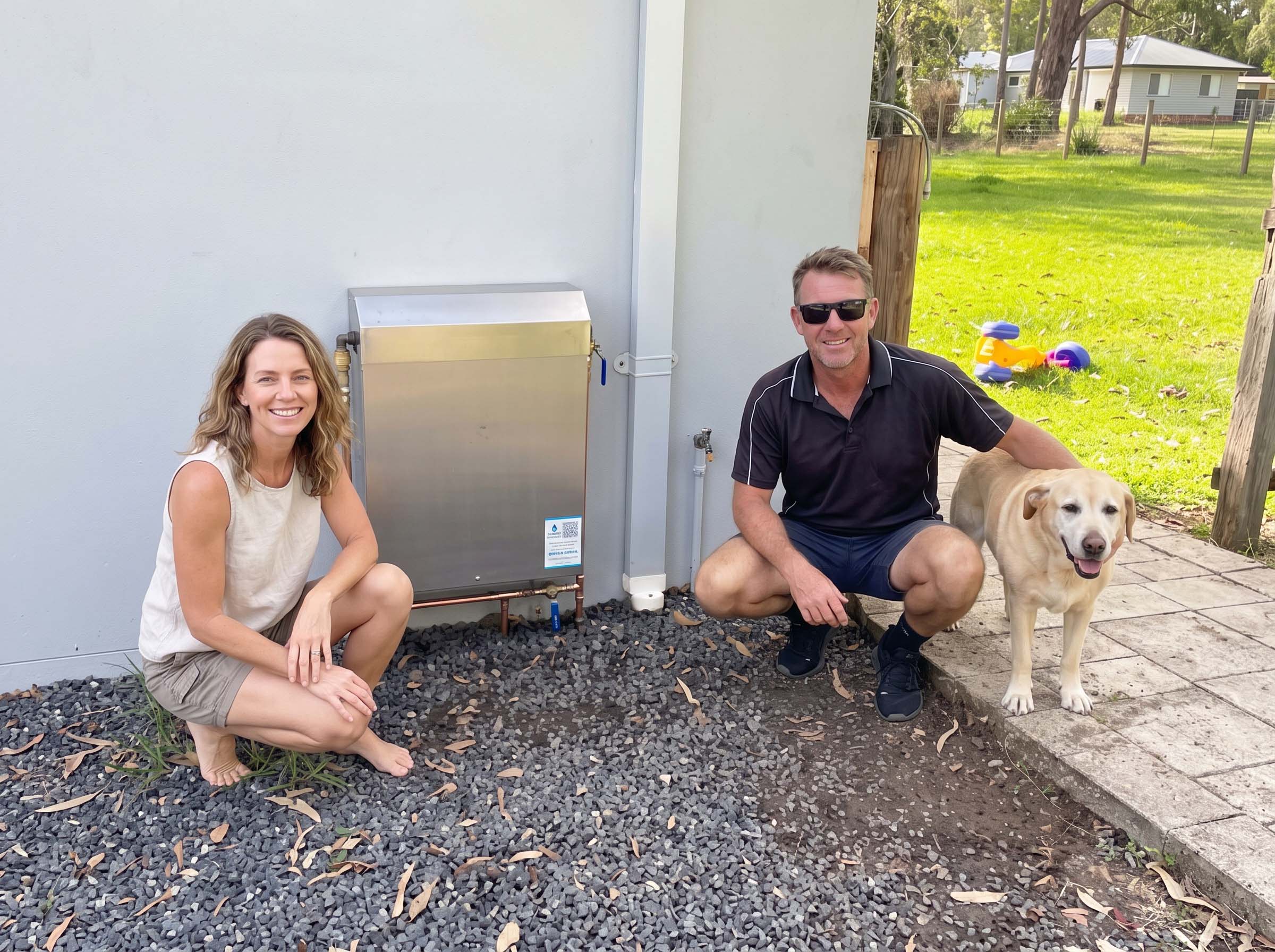 Customers beside a stainless steel whole-house filtration system installed on the Northern Beaches