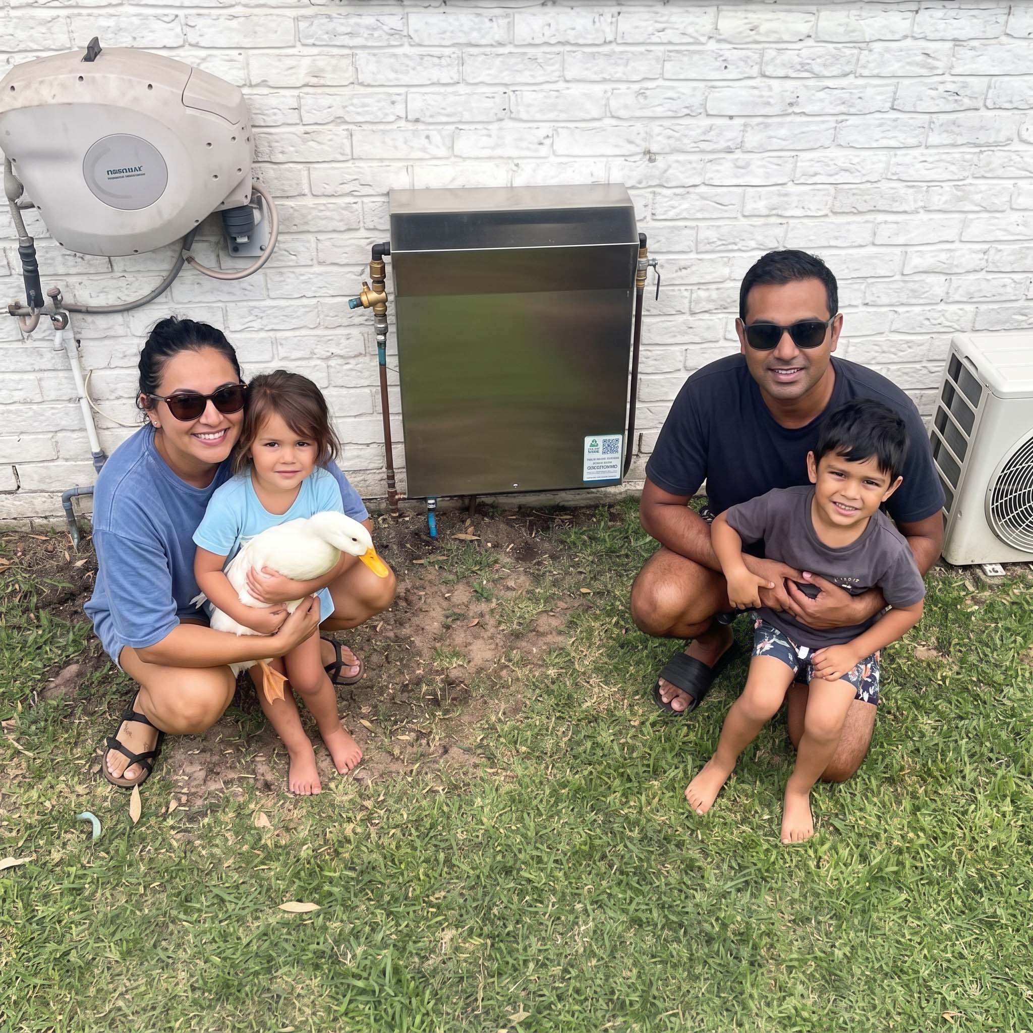 Customers beside a newly installed whole-house filtration system in the Sutherland Shire